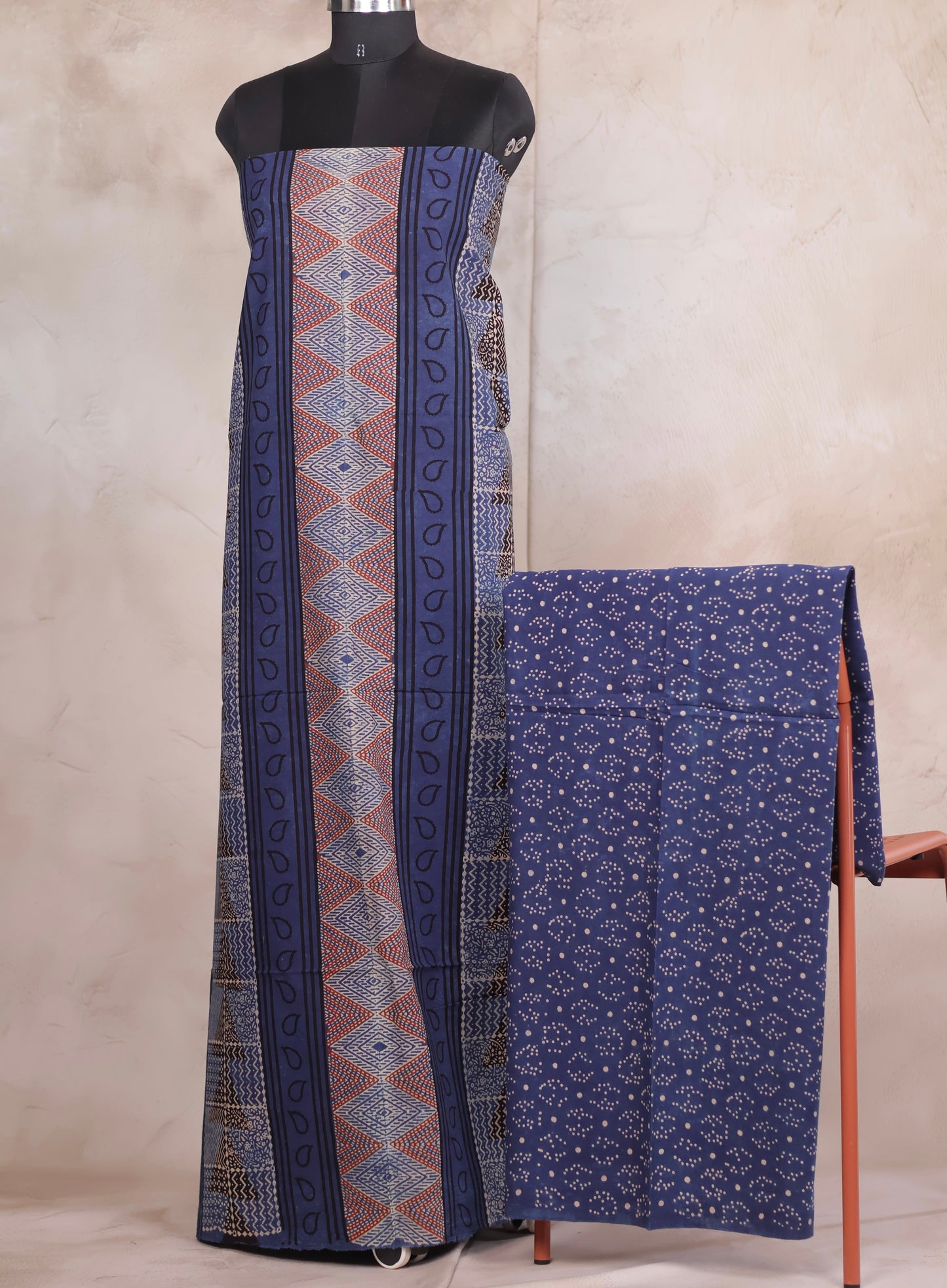 Indigo Ajrakh Handblock Printed Pure Cotton 3 piece suit set | Looms & Tassels