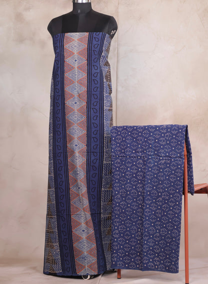 Indigo Ajrakh Handblock Printed Pure Cotton 3 piece suit set | Looms & Tassels
