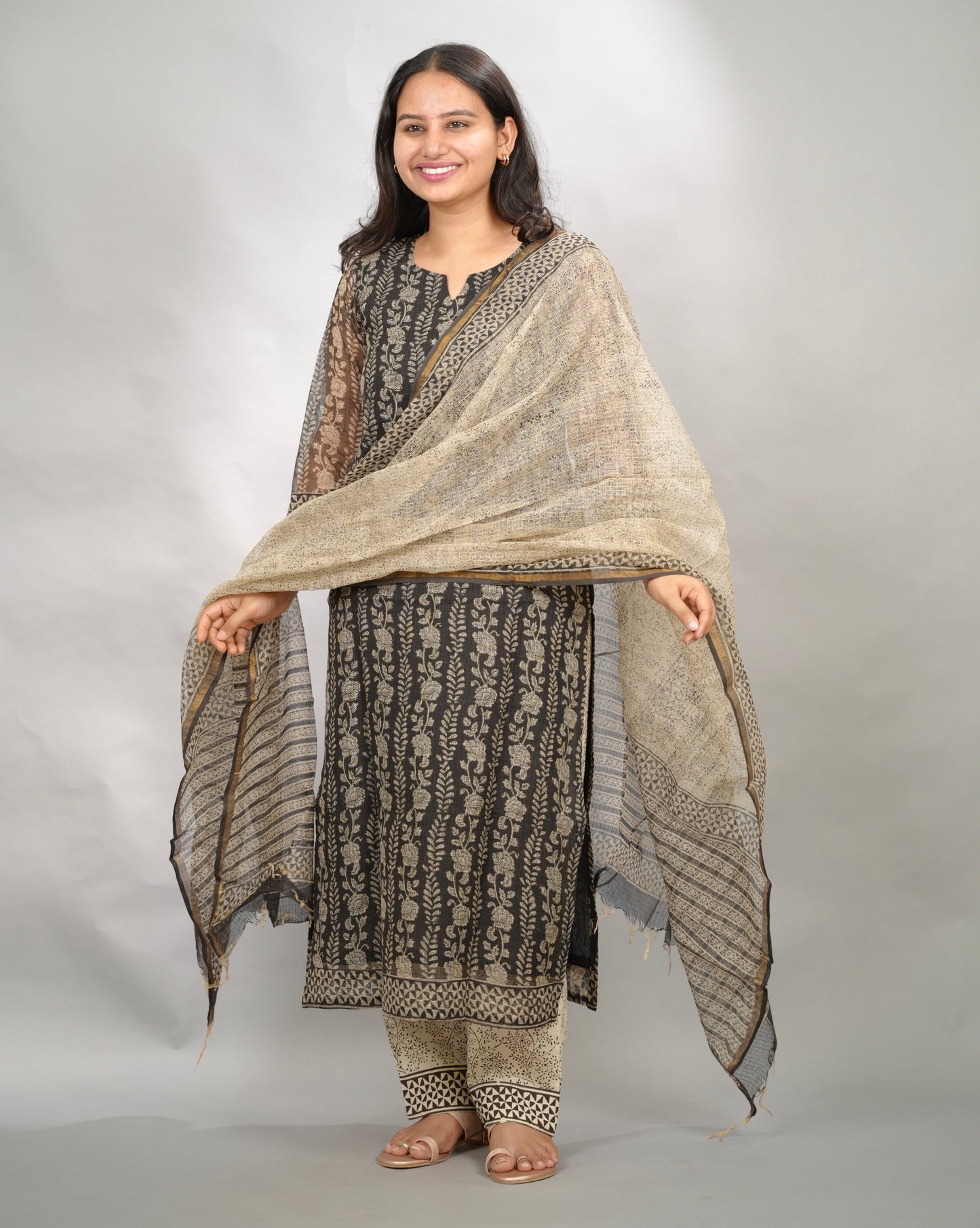 Black Handblock printed kota 3 piece suit (stitched)
