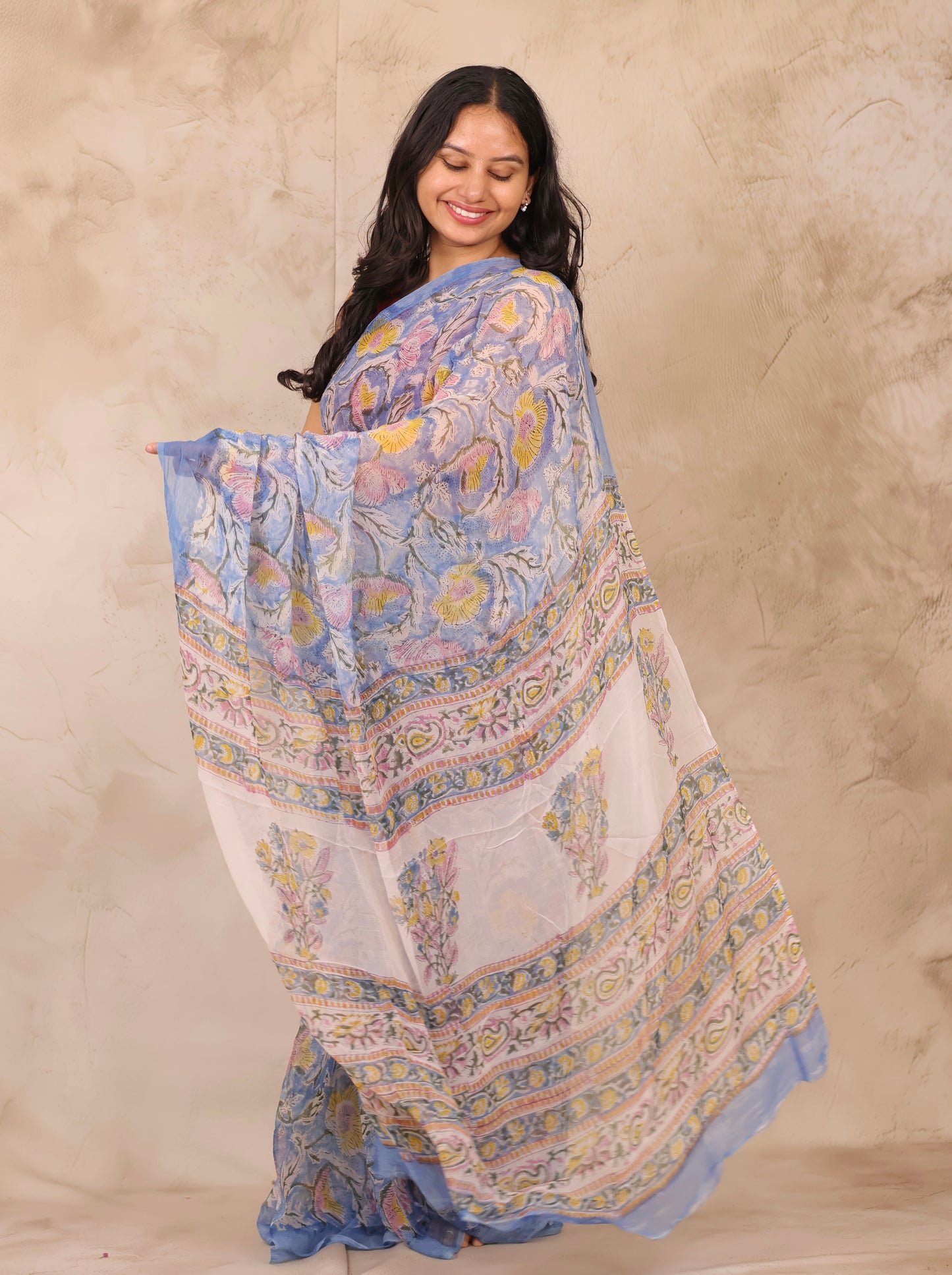 Blue Chiffon Hand Block Printed Saree | Looms & Tassels