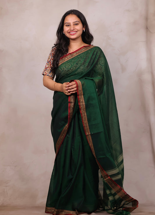 Bottle Green Narayanpet Cotton Saree | Looms & Tassels