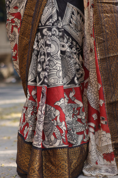 Black & Red  Kanchi border Kalamkari chennur silk saree
