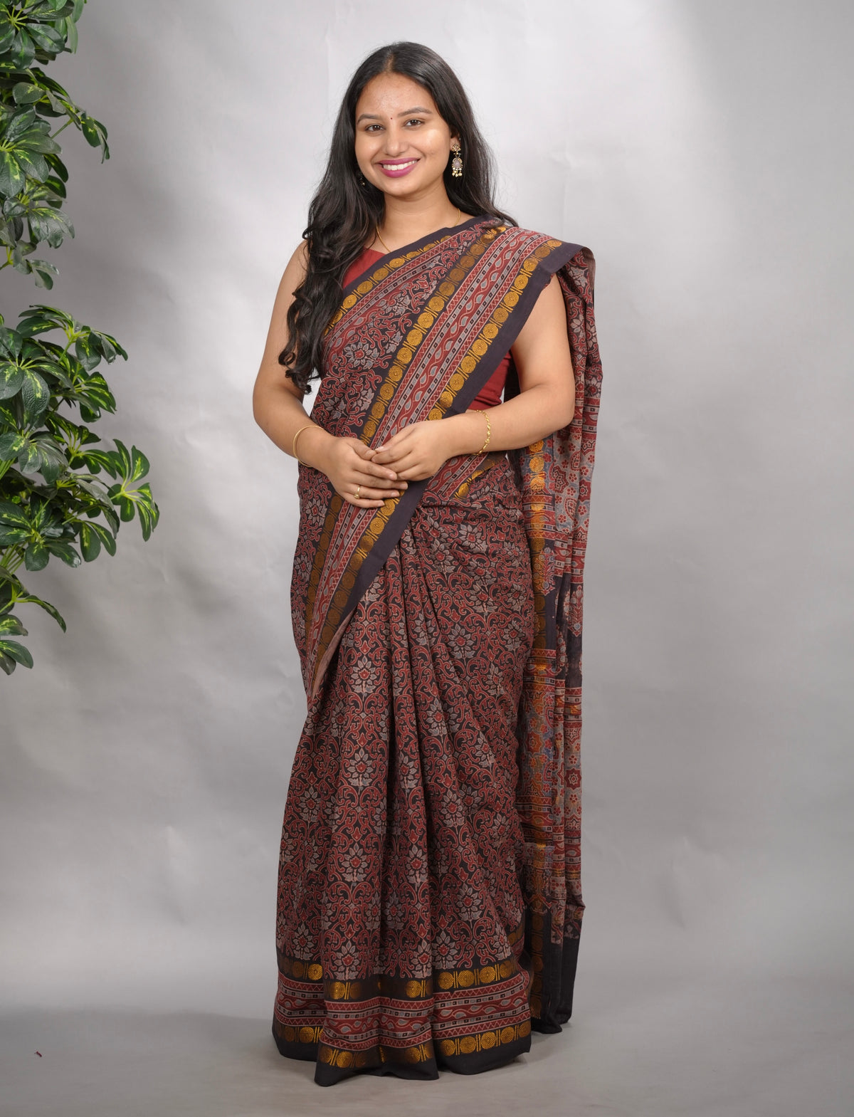 Black & Maroon Ajrakh Hand Block Printed Sungudi Cotton Saree | Looms & Tassels