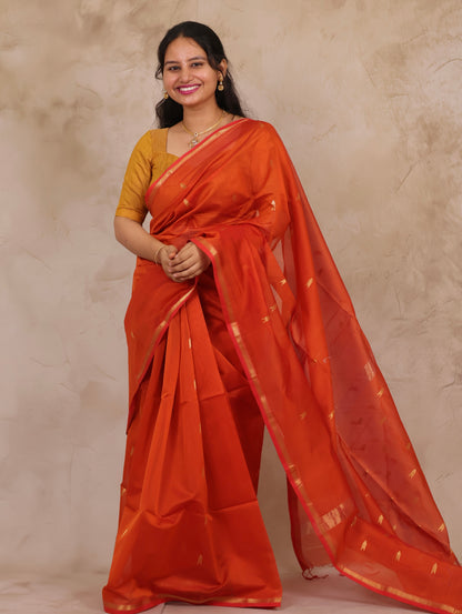 Orange Handloom Maheswari Silk Cotton Sarees | Looms & Tassels