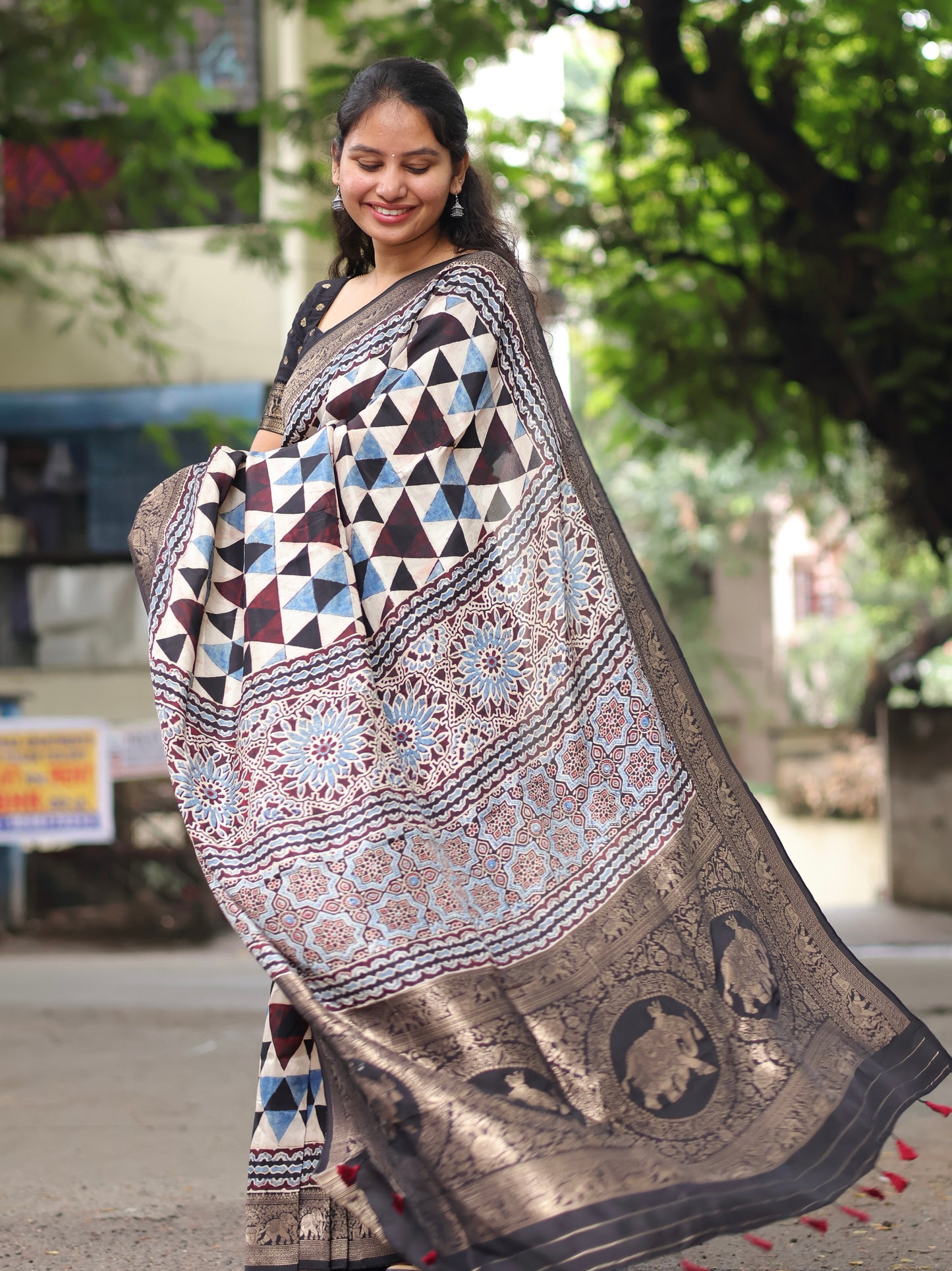Contemporary Ajrakh Dola Silk Saree