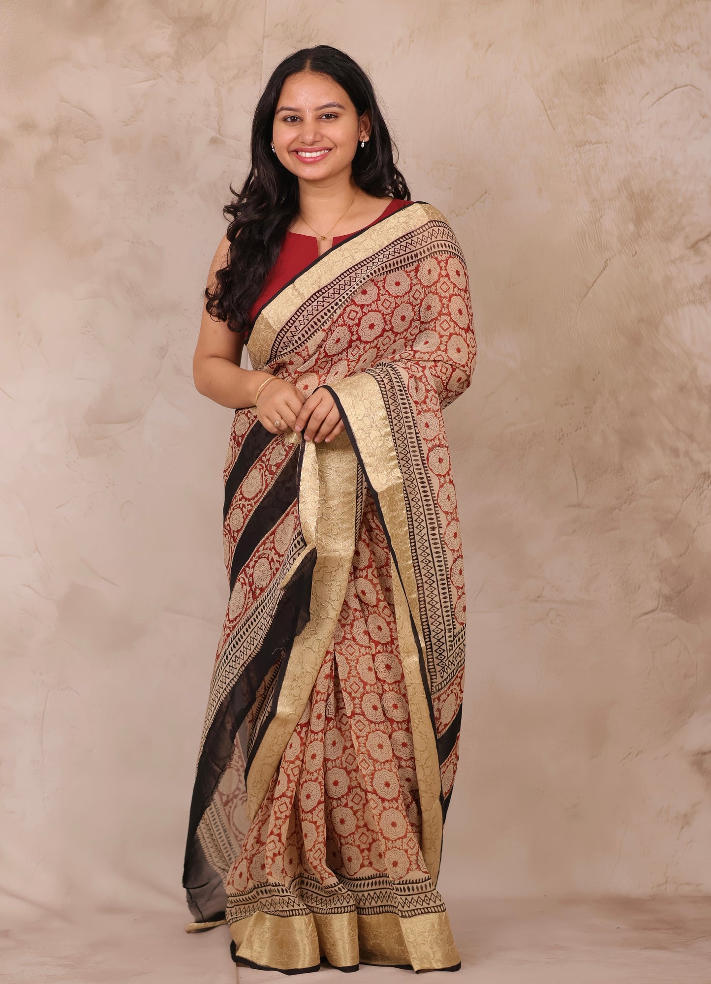 Maroon Chiffon Hand Block Printed Saree with Jari Border | Looms & Tassels
