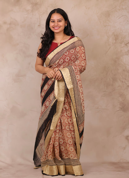 Maroon Chiffon Hand Block Printed Saree with Jari Border | Looms & Tassels