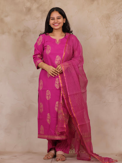Magenta Handblock printed Pure Mul Cotton with Kota Doria Duppata 3 piece suit (stitched)