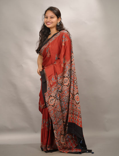 Maroon Authentic Ajrakh Handblock Printed Modal Silk Saree | Looms & Tassels