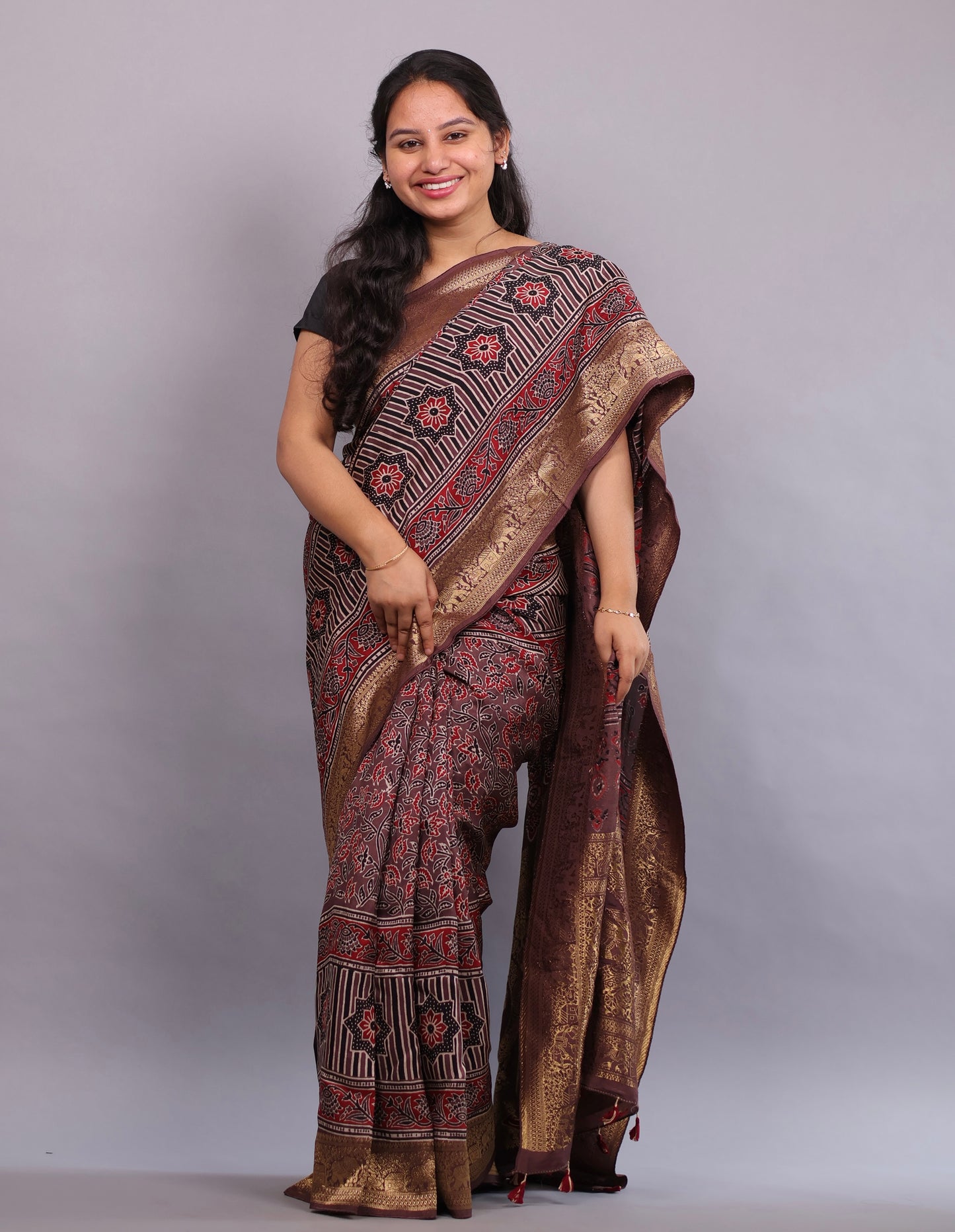 Brown Flower Butta Authentic Ajrakh Hand Block printed Dola Silk Saree | Looms & Tassels