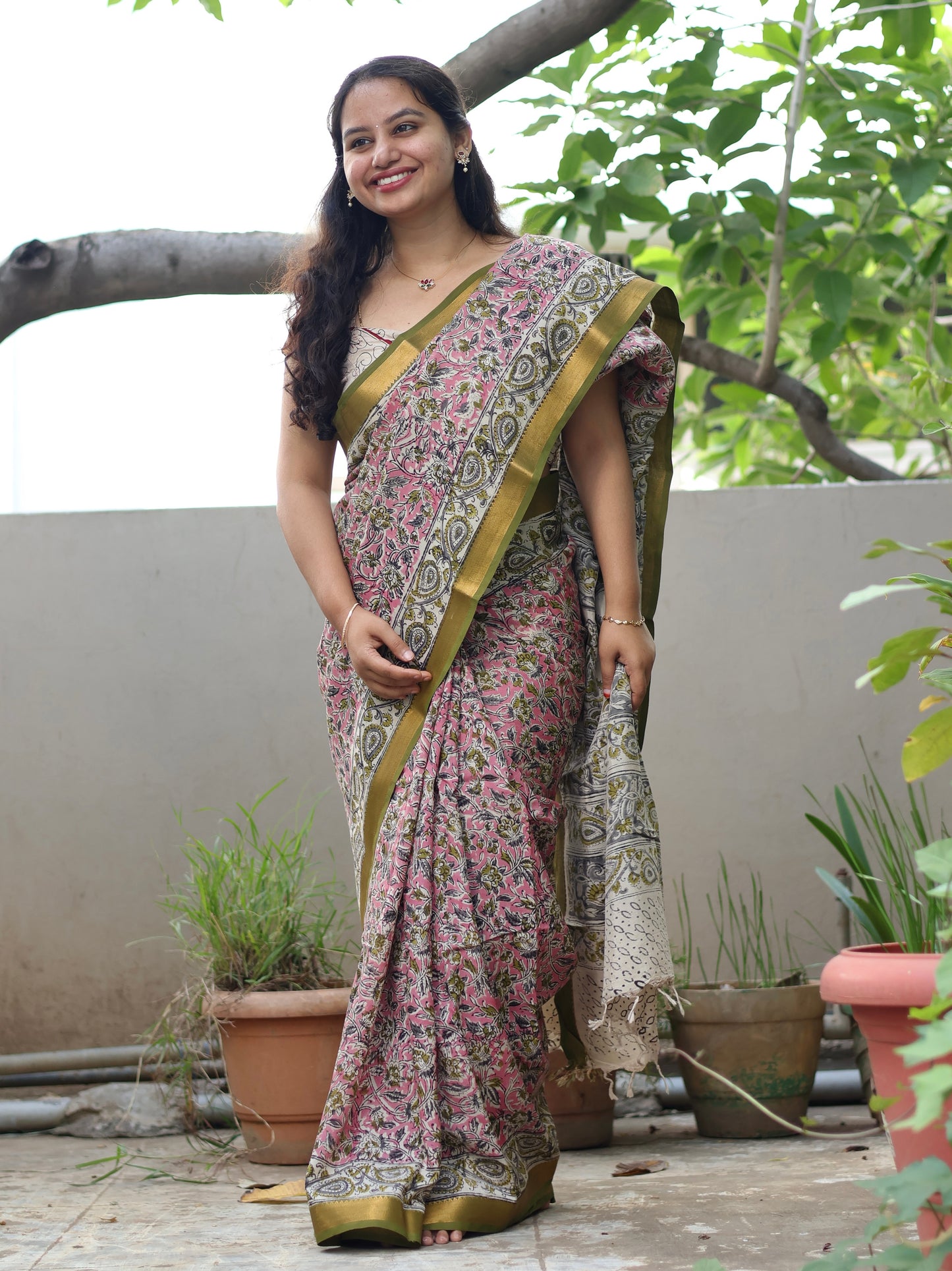 Pink Hand Block Printed Kalamkari Nizam Border Silk Sare