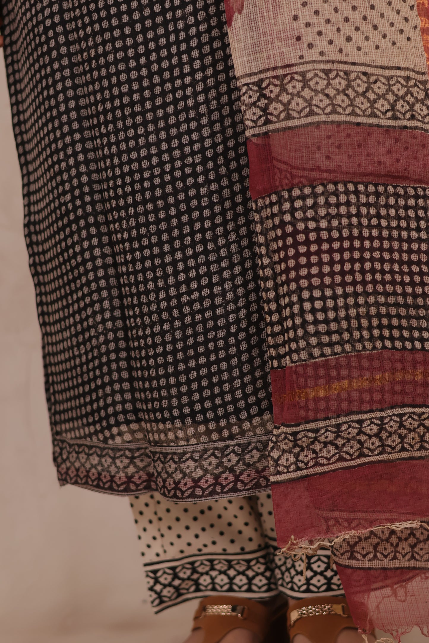 Black Polka Dots Handblock printed kota 3 piece suit (stitched)