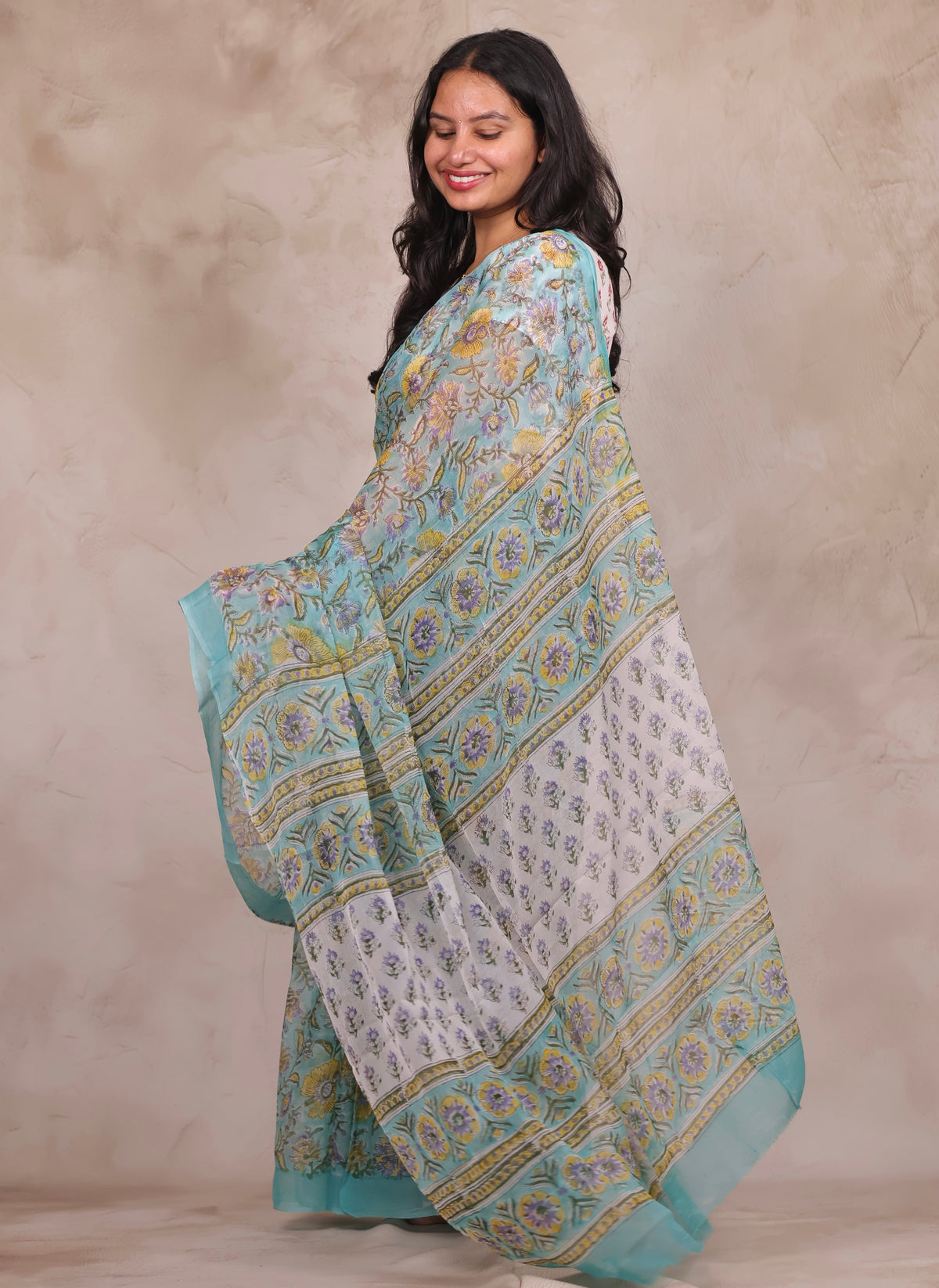 Ice Blue Chiffon Hand Block Printed Saree | Looms & Tassels