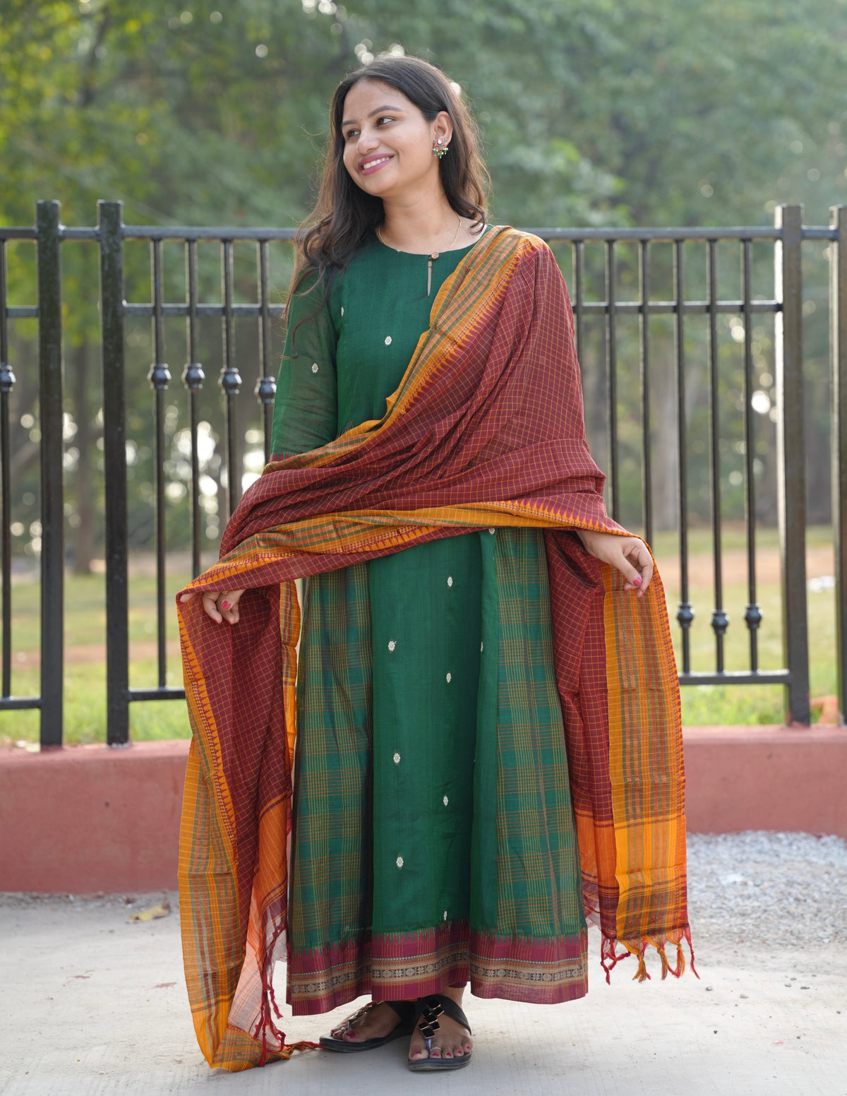 Green Narayanpet Cotton Anarkali Dress with Narayanpet Dupatta | Looms & Tassels