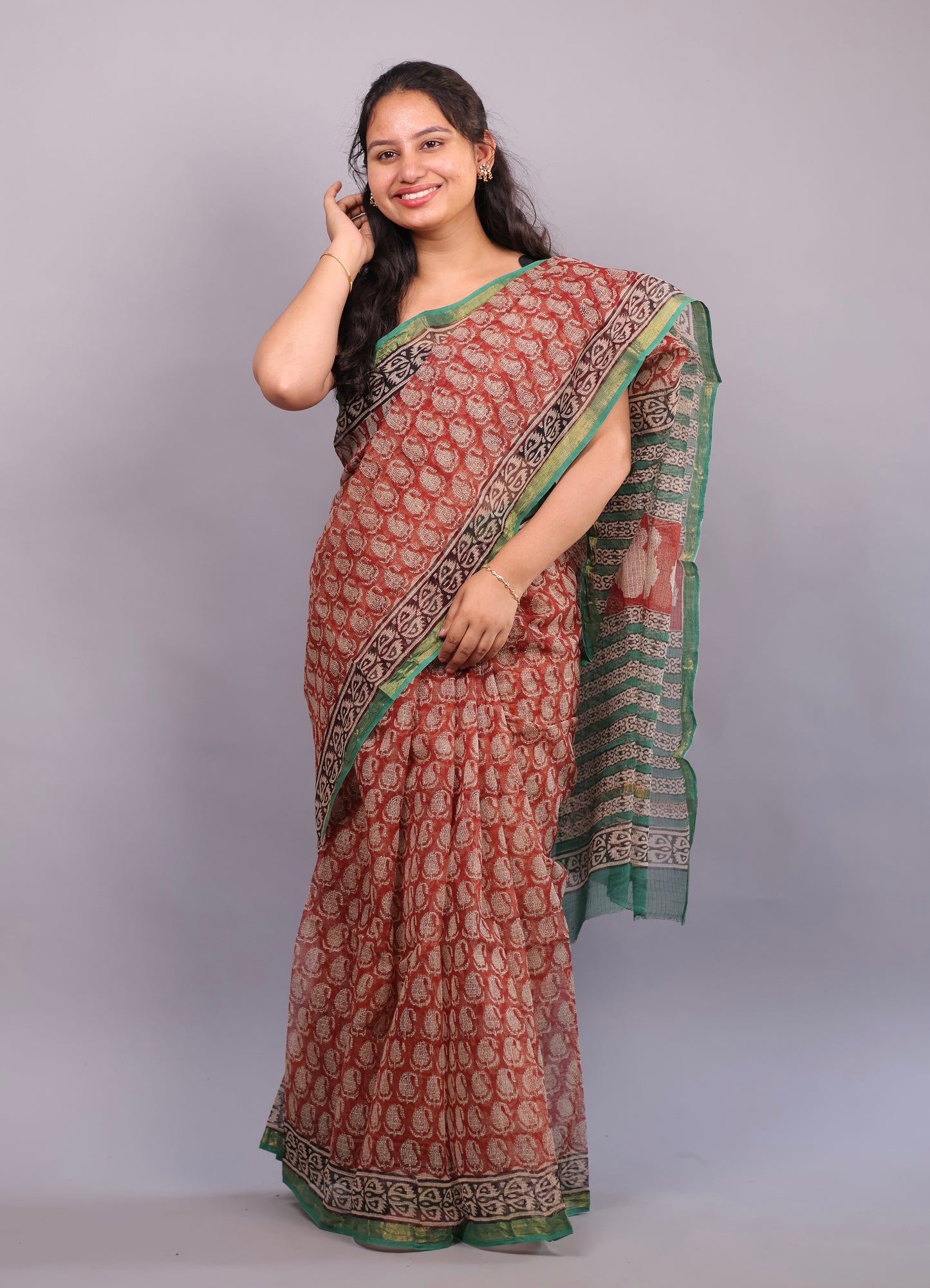 Pure Kota Doria Saree with Bagru Handblock Prints – Red | Looms&Tassels