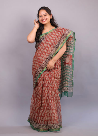 Pure Kota Doria Saree with Bagru Handblock Prints – Red | Looms&Tassels