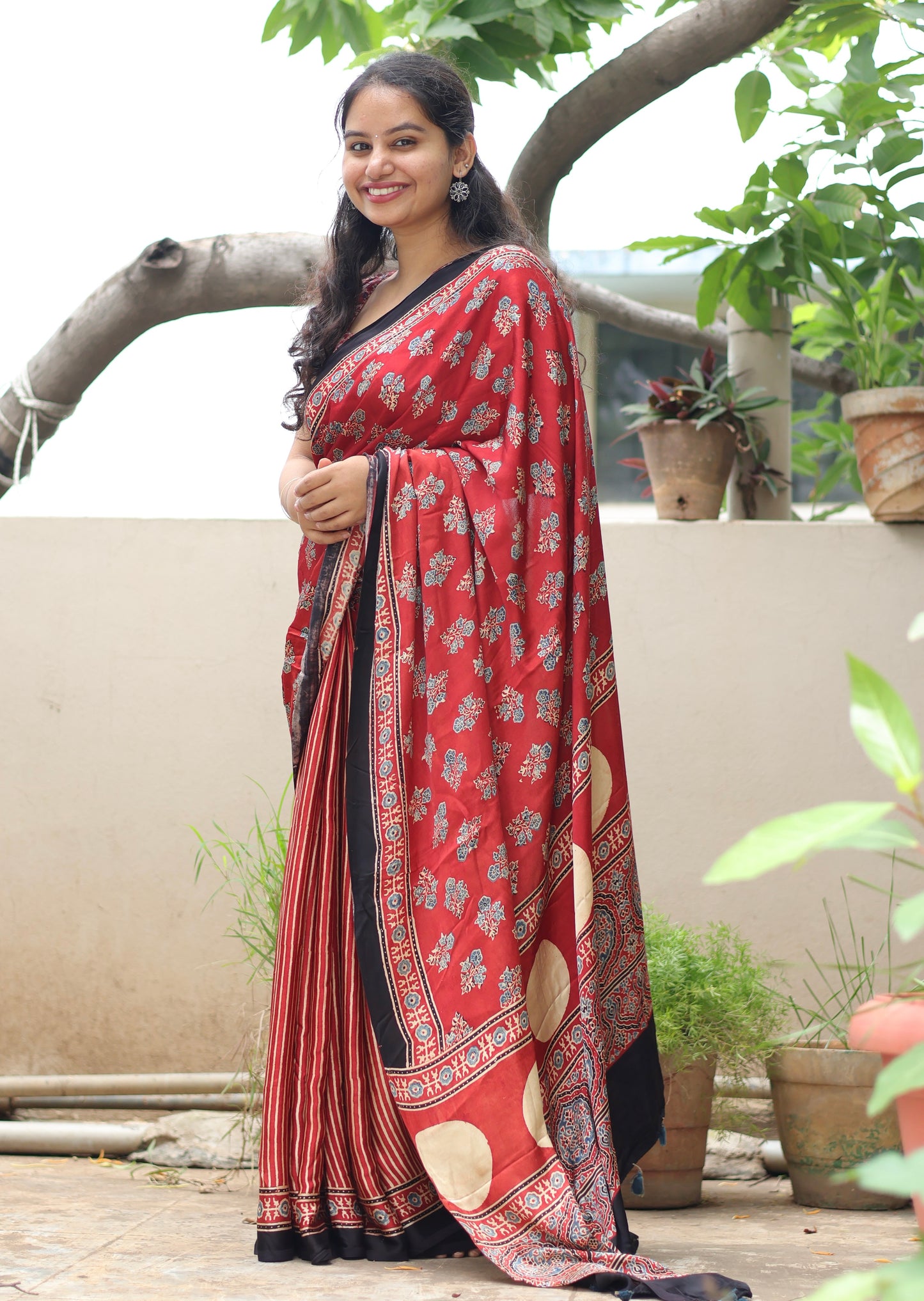 Red Ajrakh Modal Silk Saree