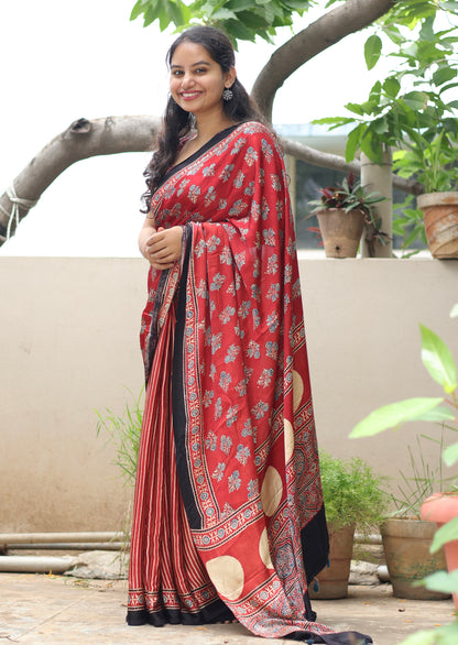 Red Ajrakh Modal Silk Saree