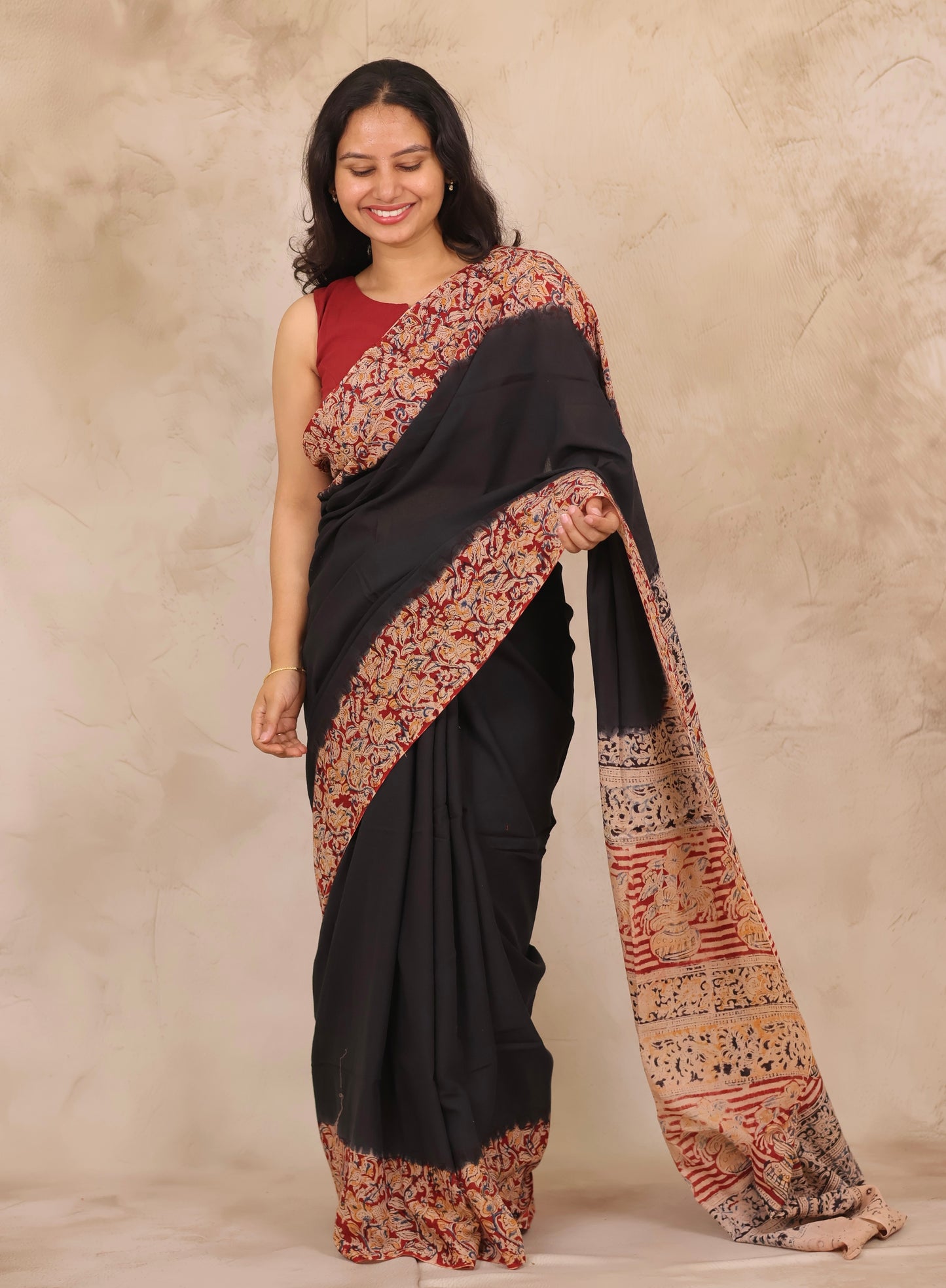 Black Hand Block Printed Kalamkari Cotton Saree | Looms & Tassels