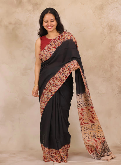 Black Hand Block Printed Kalamkari Cotton Saree | Looms & Tassels