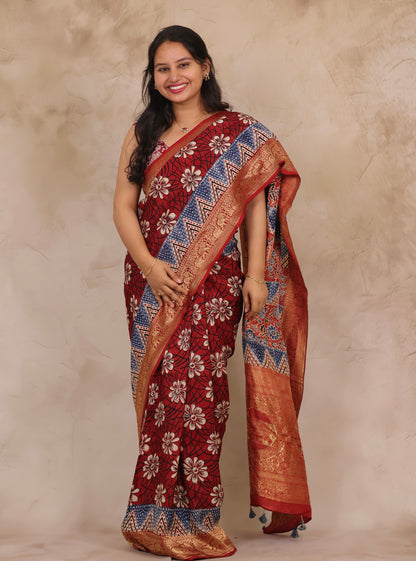 Floral Ajrakh Handblock printed Dola Silk Saree | Looms & Tassels