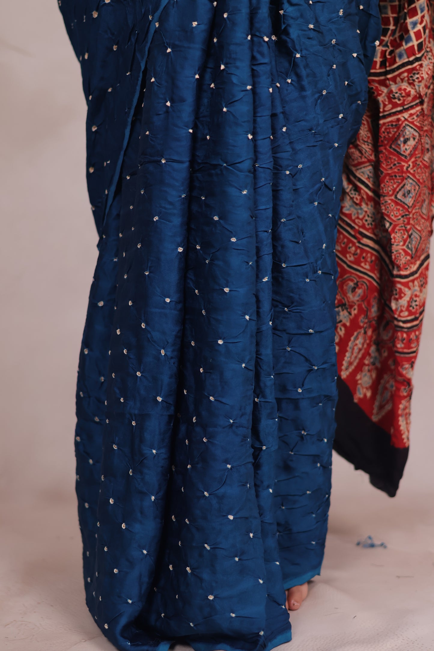 Cyan Blue Hand Knotted Bandhej Modal Silk Saree with Ajrakh Pallu | Looms & Tassels