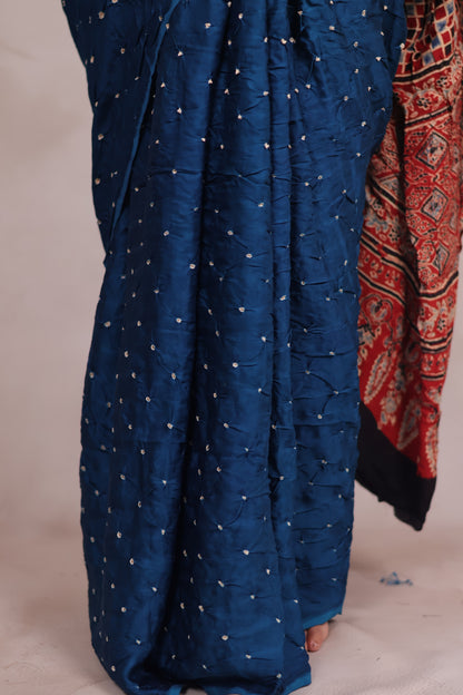 Cyan Blue Hand Knotted Bandhej Modal Silk Saree with Ajrakh Pallu | Looms & Tassels