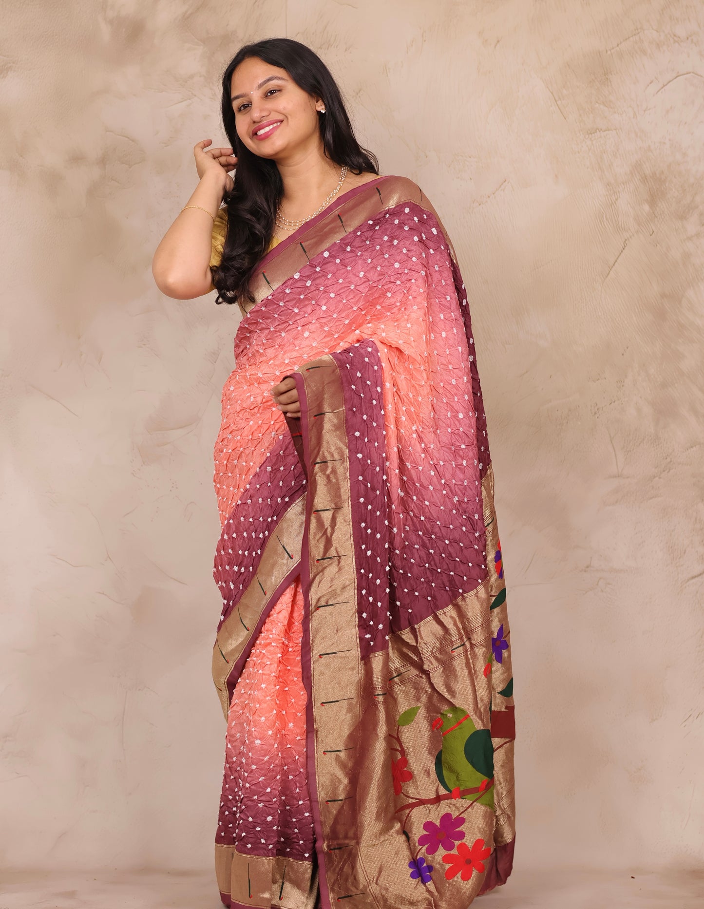 Peach & Wine Handcrafted Bandhani Paithani Dola Silk Saree | Looms & Tassels