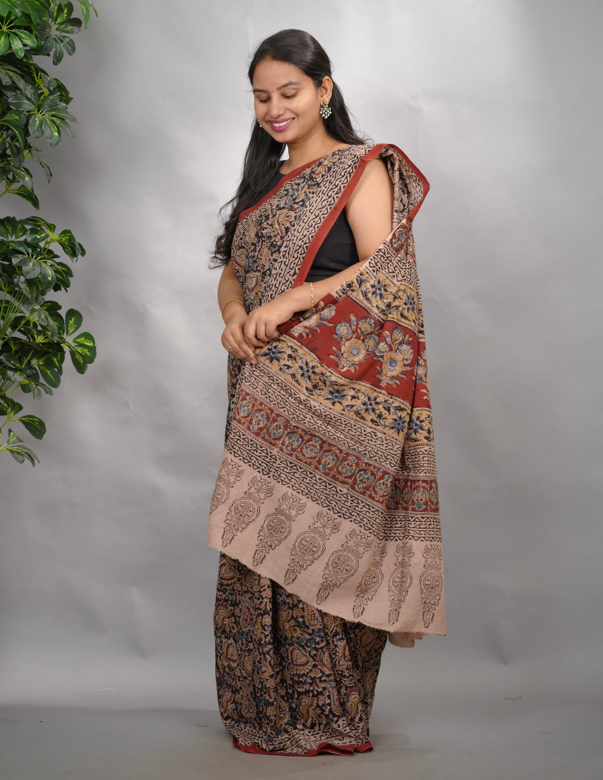 Black Hand Block Printed Kalamkari Cotton Saree | Looms & Tasselse