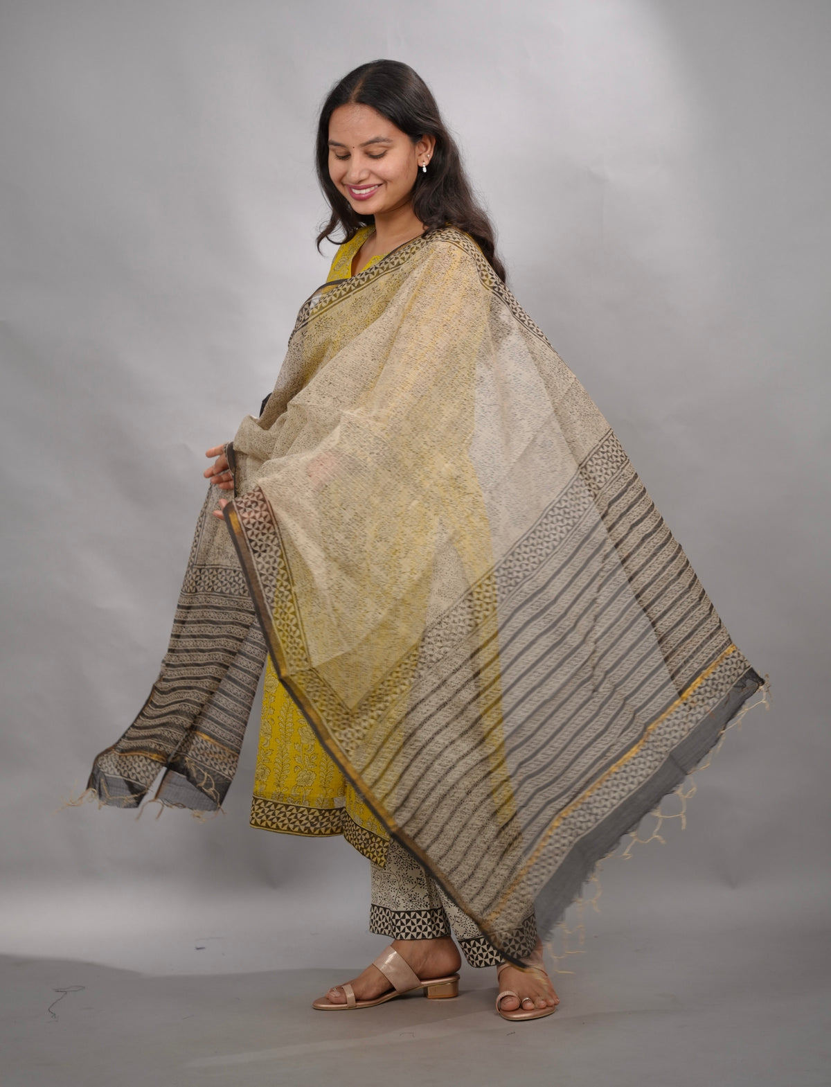 Yellow Handblock printed kota 3 piece suit (stitched)| Looms & Tassels