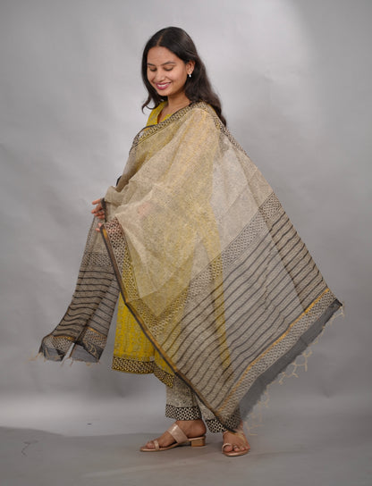 Yellow Handblock printed kota 3 piece suit (stitched)| Looms & Tassels