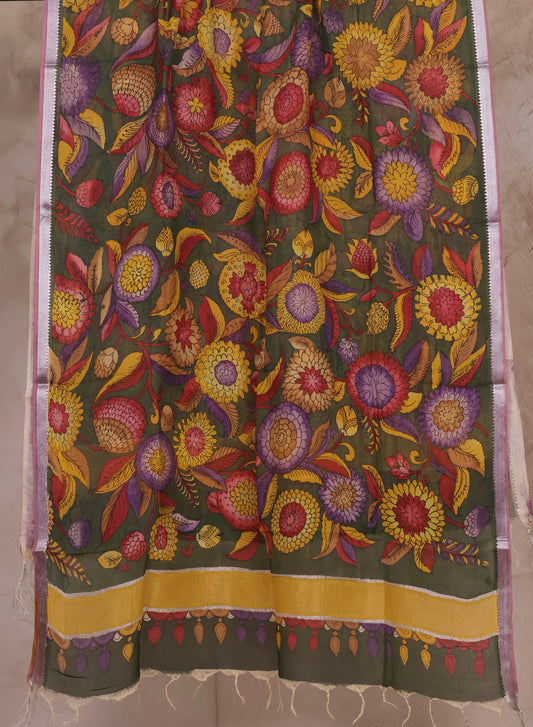 Green Pen Kalamkari Mangalagiri silk Dupatta