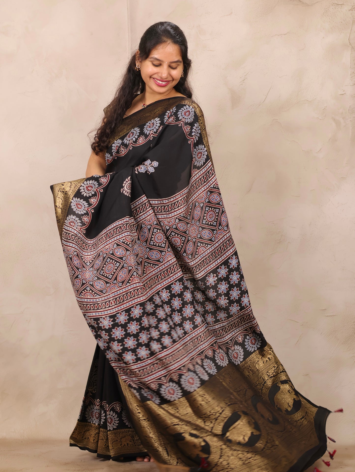 Black Ajrakh Handblock printed Dola Silk Saree | Looms & Tassels