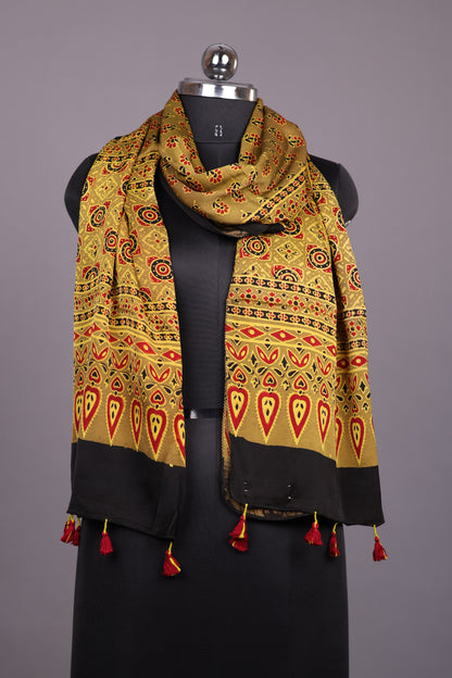 Mustard Ajrakh Hand Block Printed Modal Silk Stole | Looms & Tassels