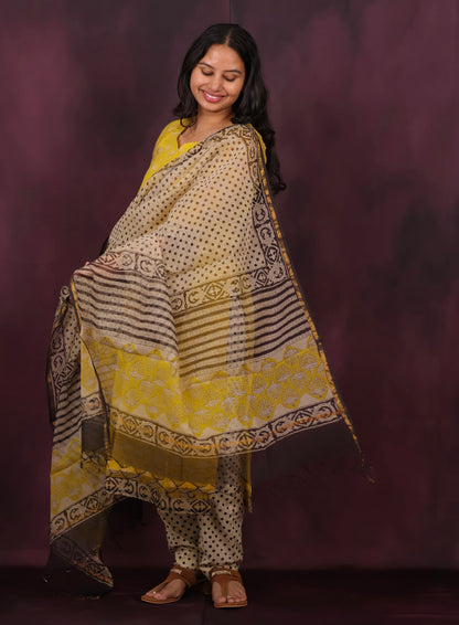 Yellow Handblock printed kota 3 piece suit (stitched)
