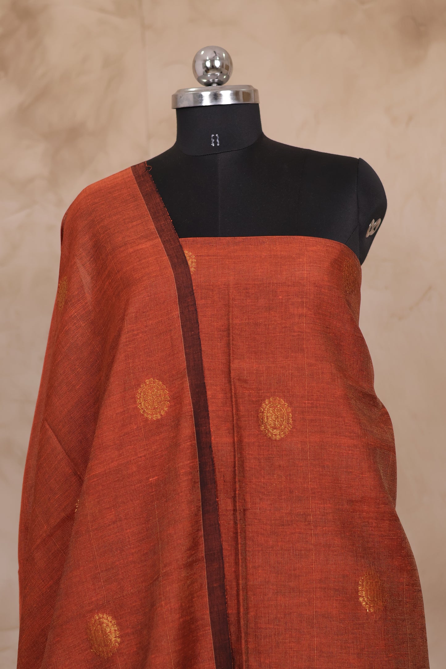 Rust Handwoven Jamdhani weaving Tissue Linen 2 piece suit sets | Looms & Tassels