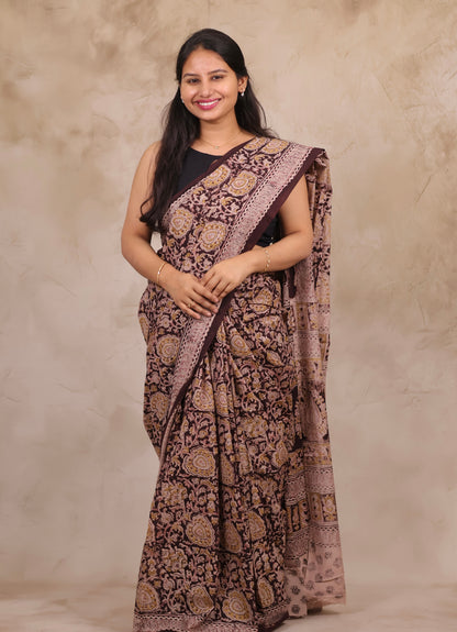 Maroon Hand Block Printed Kalamkari Cotton Saree | Looms & Tassels