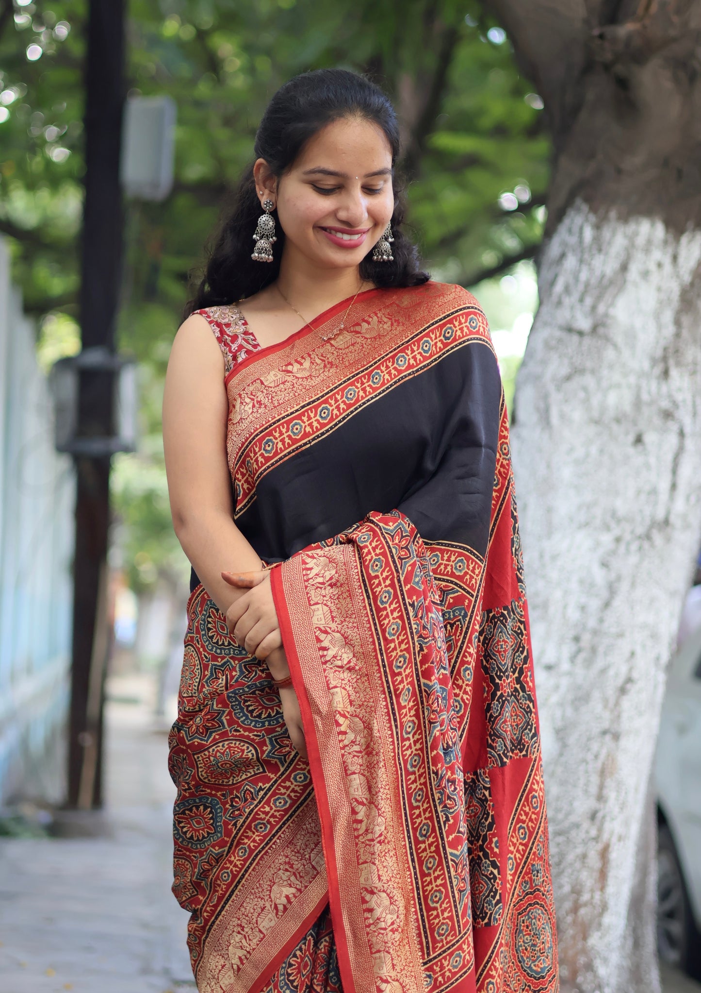 Black & Red Ajrakh Dola Silk Saree