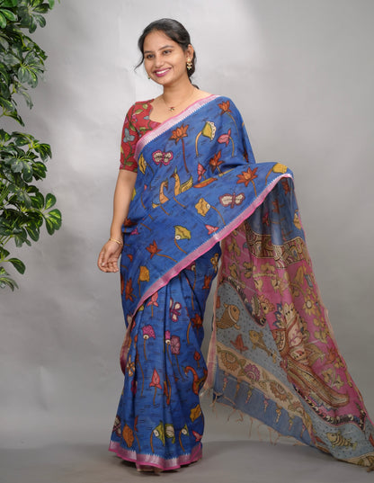 Blue Hand Drawn Pen Mangalagiri Silk Saree | Looms & Tassels