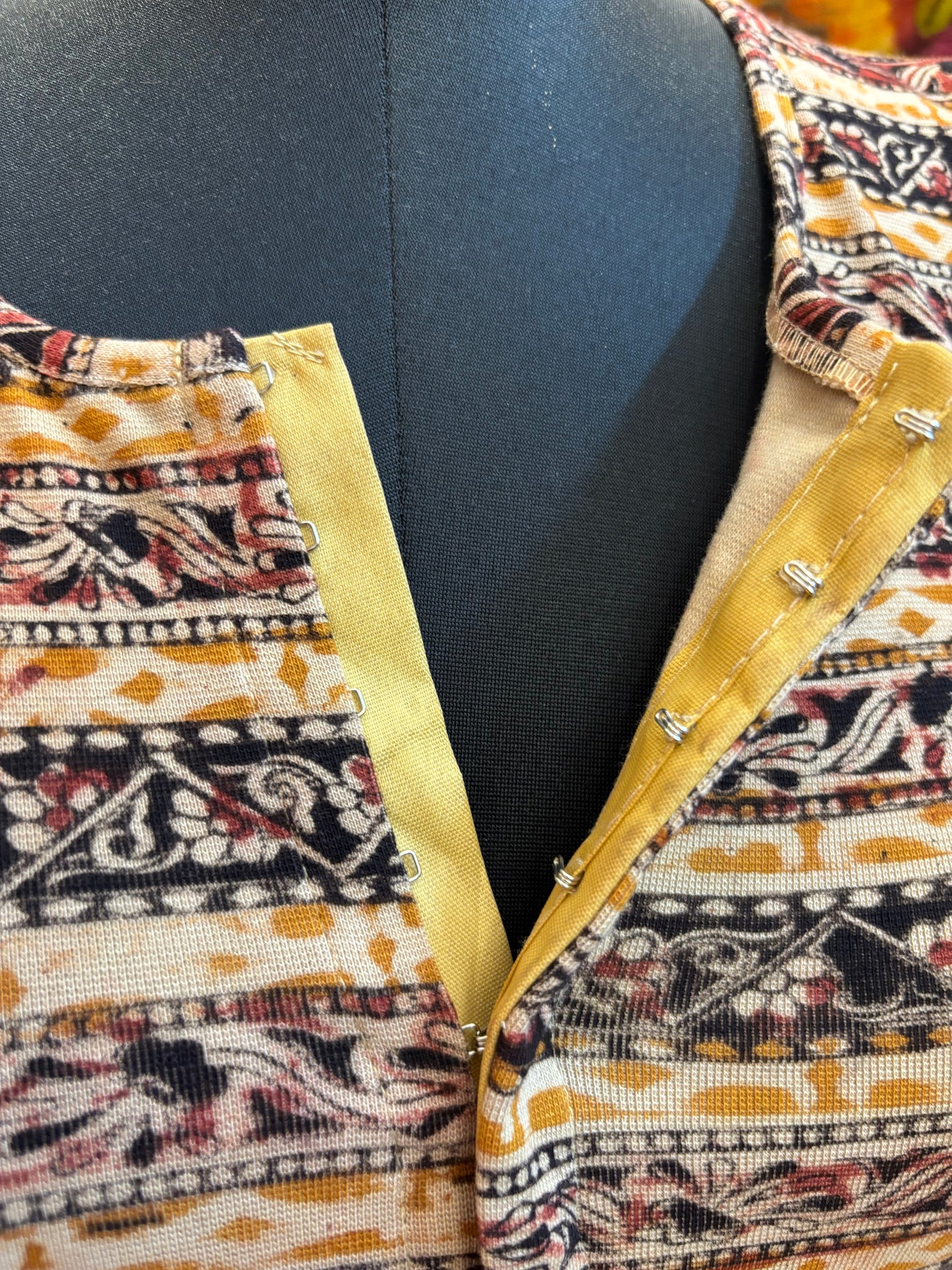 Round neck Stretchable Hand block printed kalamkari blouse with front hooks
