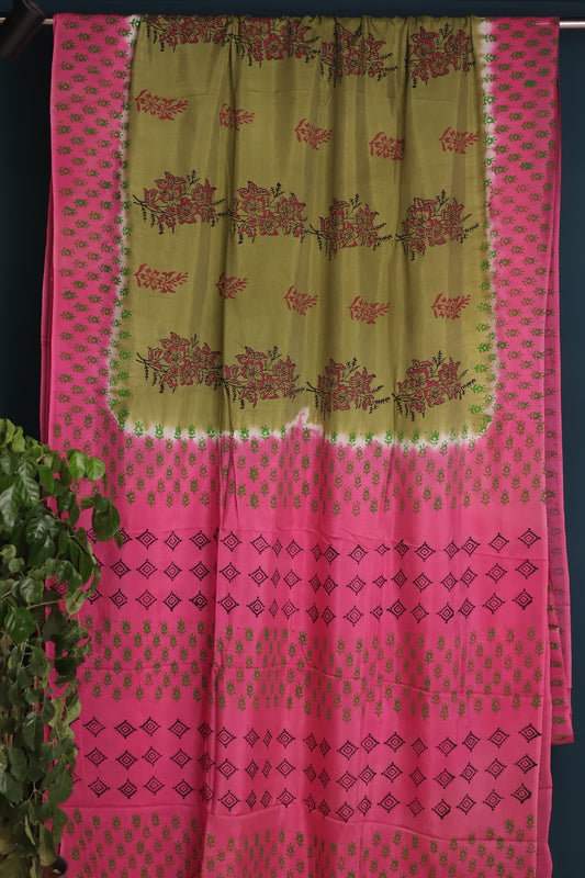Hand dyeing premium chennur silk with block prints saree