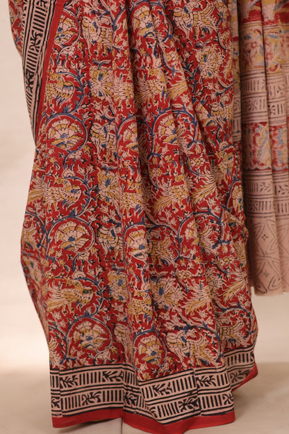 Maroon Hand Block Printed Kalamkari Cotton Saree | Looms & Tassels