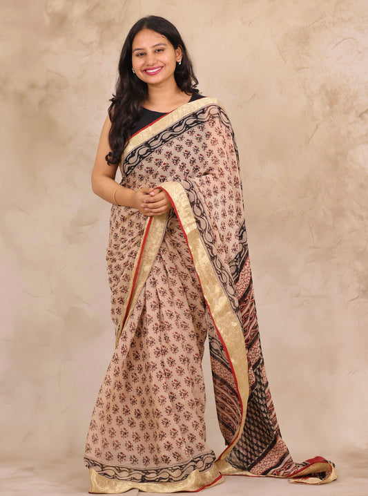 Cream Chiffon Hand Block Printed Saree with Jari Border | Looms & Tassels