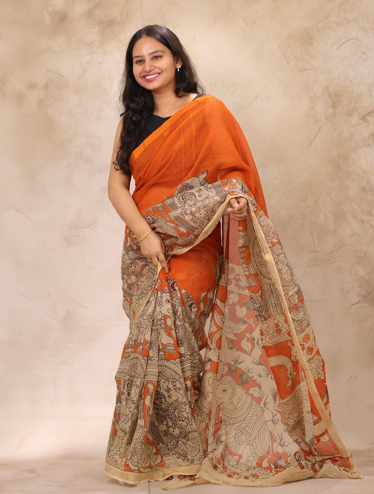 Orange Kota Doria Saree with Kalamkari Handblock Prints | Looms & Tassels