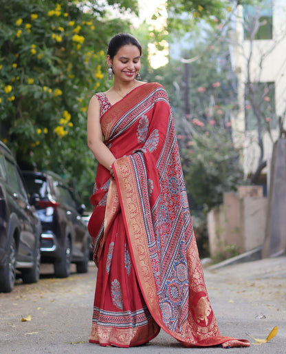 Red Ajrakh Dola Silk Saree