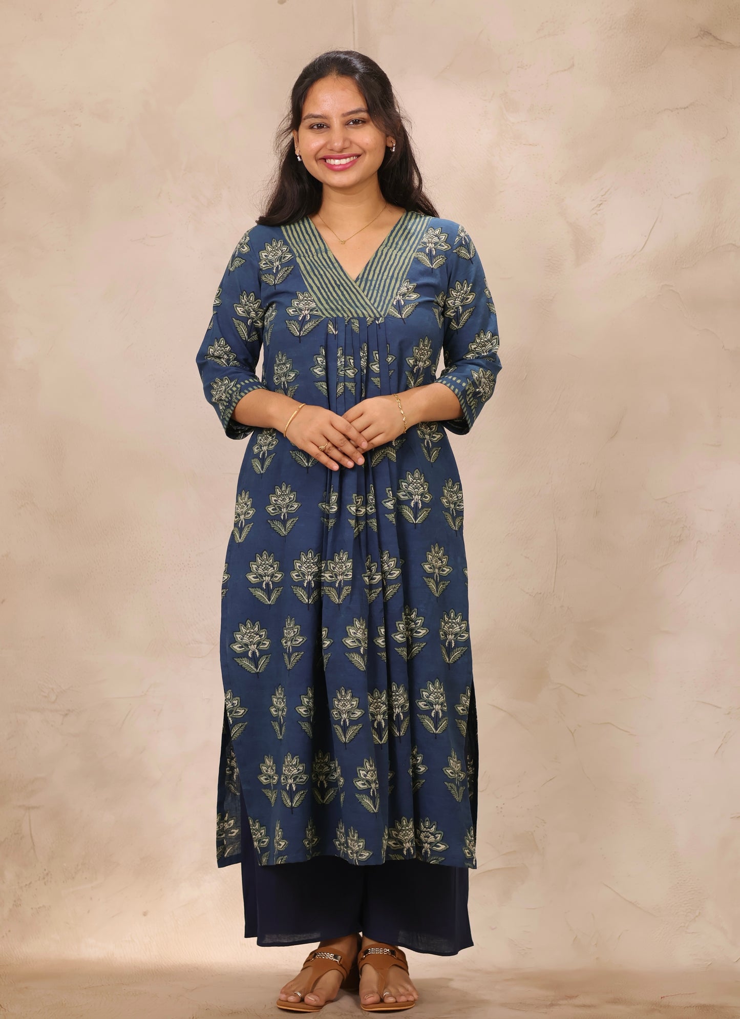 Indigo Pure Mul Cotton Ajrakh Patchwork Aline Kurta | Looms & Tassels