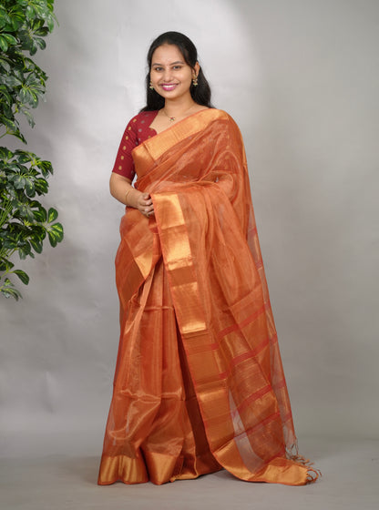 Rust Checks Handloom Maheswari Tissue Silk Cotton Sarees | Looms & Tassels