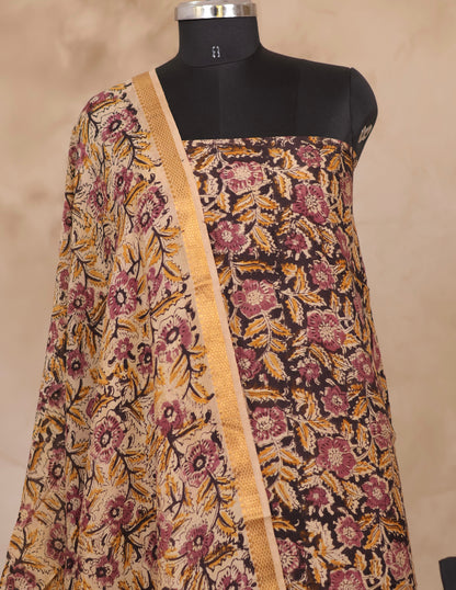 Hand Block Printed Kalamkari Unstitched 3pc Suit Set