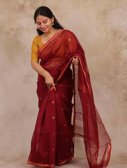 Maroon Handloom Maheswari Silk Cotton Sarees | Looms & Tassels