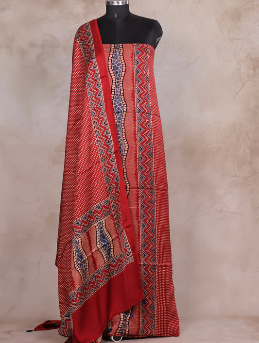 Maroon Ajrakh Handblock Printed Modal Silk 2 Piece Suit Set | Looms & Tassels